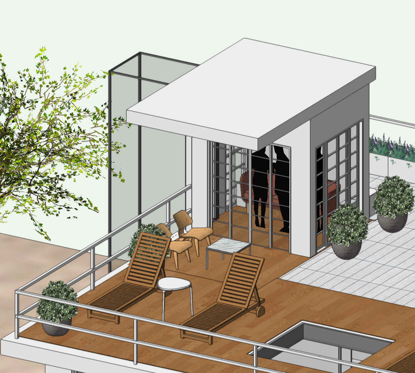 Rooftop terrace with glass pavilion and tree