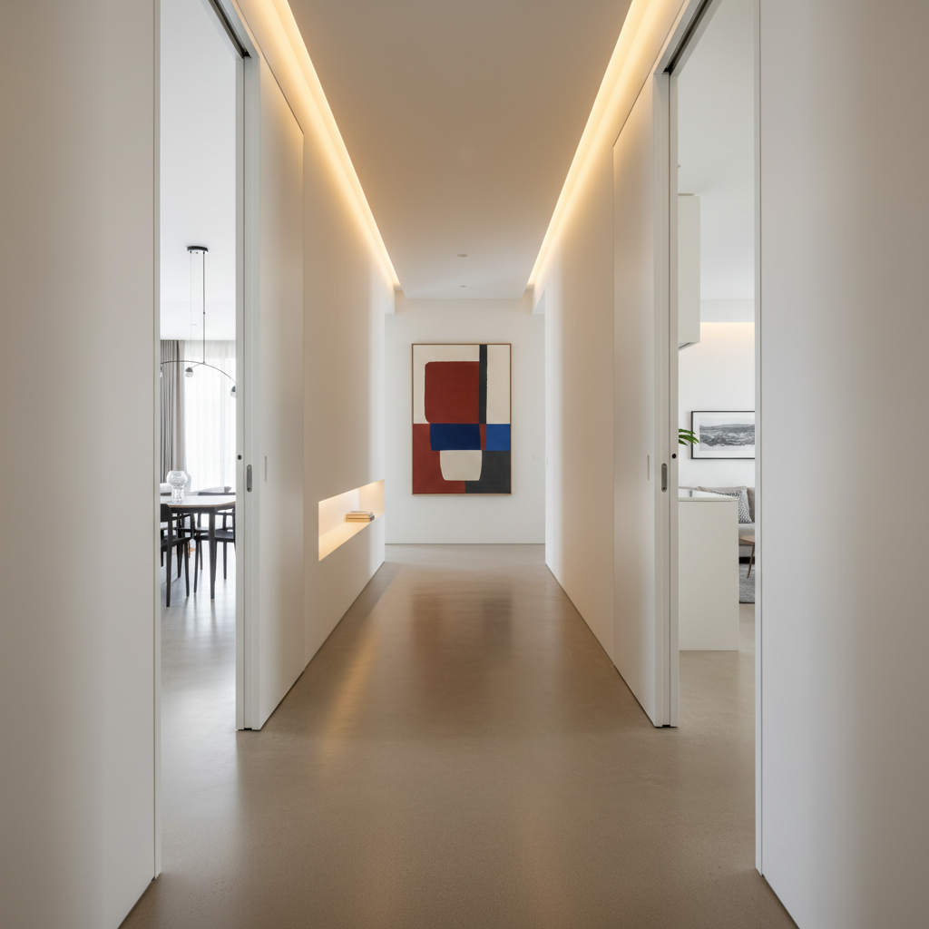 A fluid, light-soaked hallway connecting different zones of an apartment, designed as an architectural feature rather than a mere passage. Tall, pivoting frameless doors sit flush within soft white walls, allowing spaces to be opened fully for visual connection. A continuous, seamless microcement floor in a warm greige tone runs the entire length, catching the glow of concealed LED strip lighting recessed into the ceiling and along a low wall niche. At the far end, a large, abstract, color-blocked artwork in muted rusts and blues adds a focal point without overwhelming. Photographic realism, shot from a low, central perspective down the corridor, with strong linear perspective drawing the eye forward, conveying movement, functional flow, and quiet sophistication.