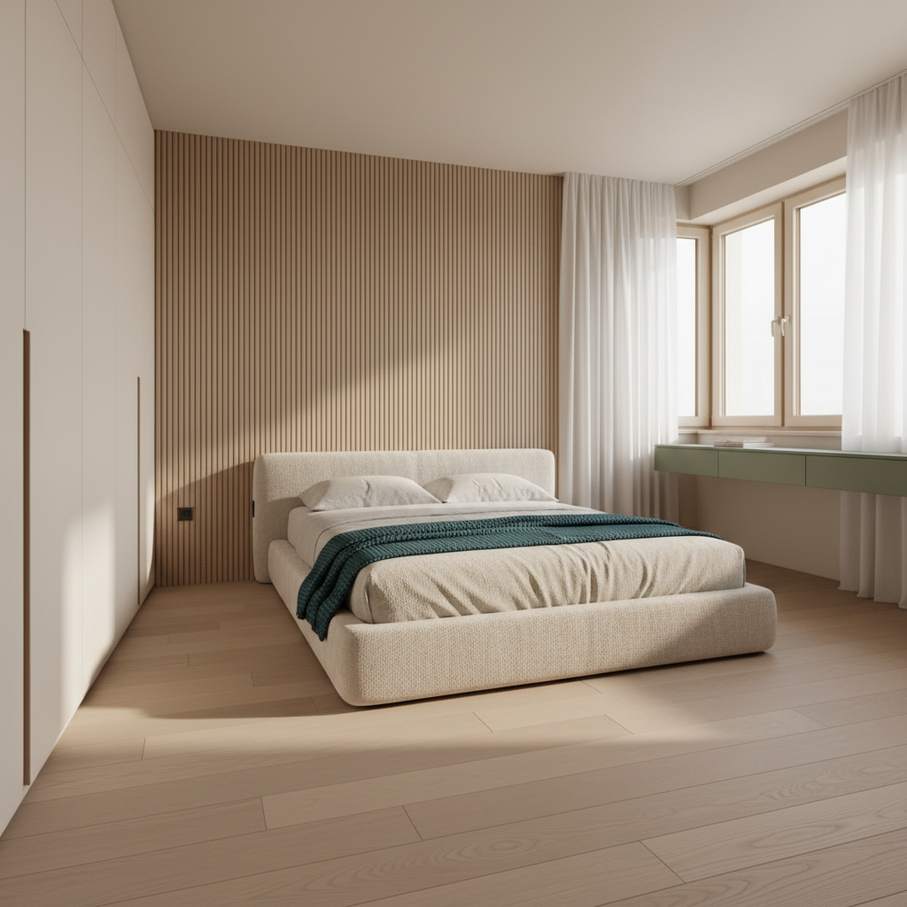 A serene bedroom retreat featuring a low-profile upholstered bed in textured ivory fabric, centered against a full-height, ribbed oak headboard that extends wall-to-wall, visually anchoring the space. Floor-to-ceiling sheer curtains filter abundant natural light from a generous corner window, creating soft, layered shadows across a wide-plank pale timber floor. Built-in, flush wardrobe doors without handles maintain a seamless plane on one side, while a slim floating console in muted sage provides a functional yet unobtrusive surface. The atmosphere is tranquil and refined, with a restrained palette of warm neutrals and a single deep teal accent throw. Photographic realism, eye-level composition with subtle depth of field, emphasizing the room’s gentle flow, quiet luxury, and sense of airy spaciousness.
