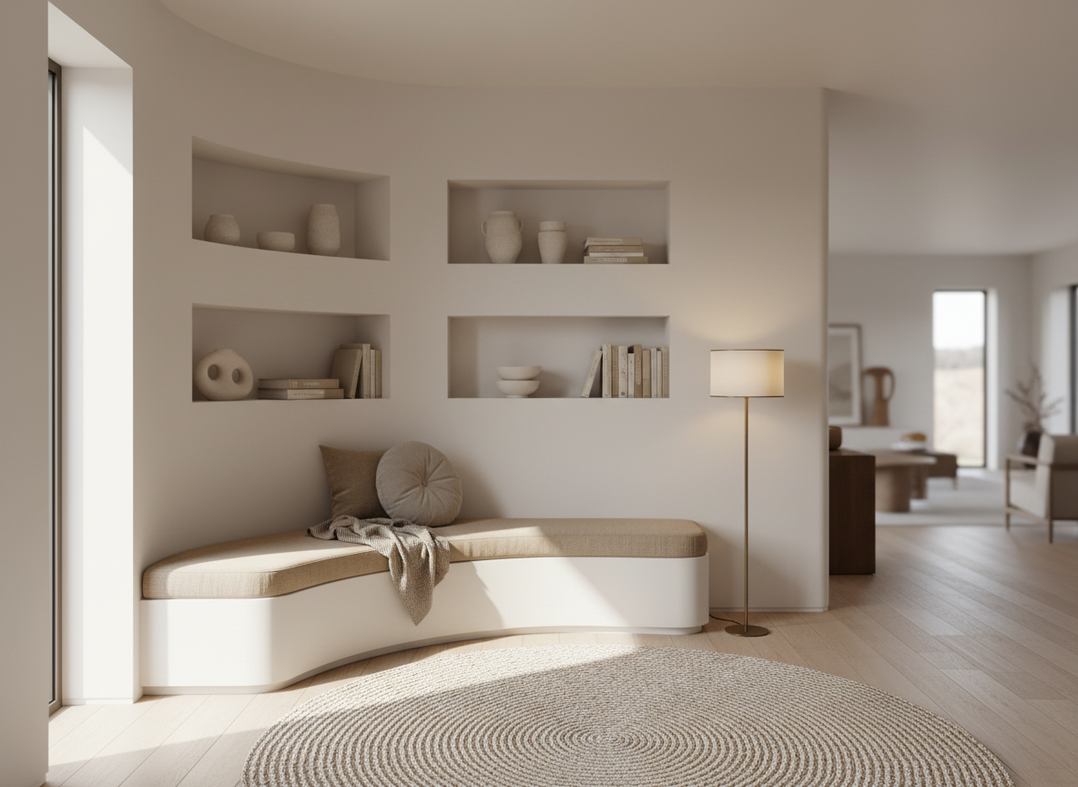 A carefully curated reading nook carved out of a corner of an open-plan space, defined by a built-in, curved bench upholstered in sandy linen that hugs a soft, rounded corner. Above, staggered, recessed shelving in the same wall color displays a restrained arrangement of neutral-toned ceramics and books, keeping the composition calm and harmonious. A tall, narrow window drops natural light in a focused shaft onto the seat, while a slender floor lamp with a bronzed stem adds a warm evening glow. The floor shifts subtly from timber planks to a woven, textured rug, gently suggesting a change in function without barriers. Photographic realism, captured from a seated eye-level angle, with gentle depth of field, emphasizing intimacy, fluid transitions, and understated sophistication.