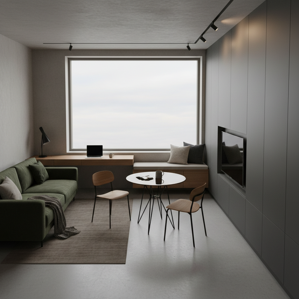 A sophisticated, multi-functional studio space where living, working, and dining zones overlap without visual clutter. A slim, wall-mounted oak desk morphs into a bench that continues under a large, frameless window, maximizing light and seating. Opposite, a compact sofa in deep moss green faces a discreet, built-in media wall that doubles as hidden storage. A round, smoked-glass dining table with slender black legs anchors the center, allowing easy circulation around it. Soft, overcast daylight fills the room, enhanced by a minimal black track-light system that creates gentle pools of warm light in the evening. Photographic realism, captured from an elevated corner, showcasing the continuous floor surface, layered textures, and seamless transitions between functions, emphasizing a refined yet practical flow.