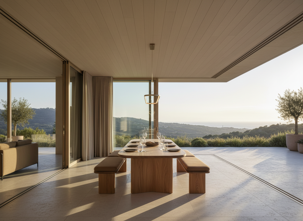 A refined dining space seamlessly connected to an outdoor terrace through expansive sliding glass panels that fully recess, erasing the boundary between inside and out. Indoors, a long, sculpted oak dining table with softly rounded edges is paired with slender, upholstered benches in warm taupe, keeping visual lines low and unobstructed. Outside, a continuation of the same floor material extends onto the terrace, enhancing the sense of flow. Late afternoon sun creates long, gentle shadows, while a slim linear pendant casts a warm halo above the table. Photographic realism, wide-angle, eye-level perspective, emphasizing the continuous ceiling line, aligned joints, and the effortless transition between environments, evoking an elegant, airy, and convivial atmosphere.