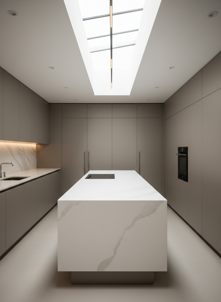 A light-filled contemporary kitchen where a long, uninterrupted white quartz island appears to float above a recessed plinth, flanked by minimalist handleless cabinets in warm mushroom grey. A concealed cooktop and integrated appliances maintain a clean, functional surface, while a linear skylight runs the length of the ceiling, flooding the room with soft, diffused daylight. The backsplash is a single slab of delicately veined honed marble, subtly reflective. Under-cabinet lighting creates a gentle glow on the worktop, guiding the eye along a clear circulation route. Photographic realism, captured from a slightly elevated corner angle, with balanced, crisp detail that highlights the seamless joinery, functional layout, and sophisticated, clutter-free aesthetic.